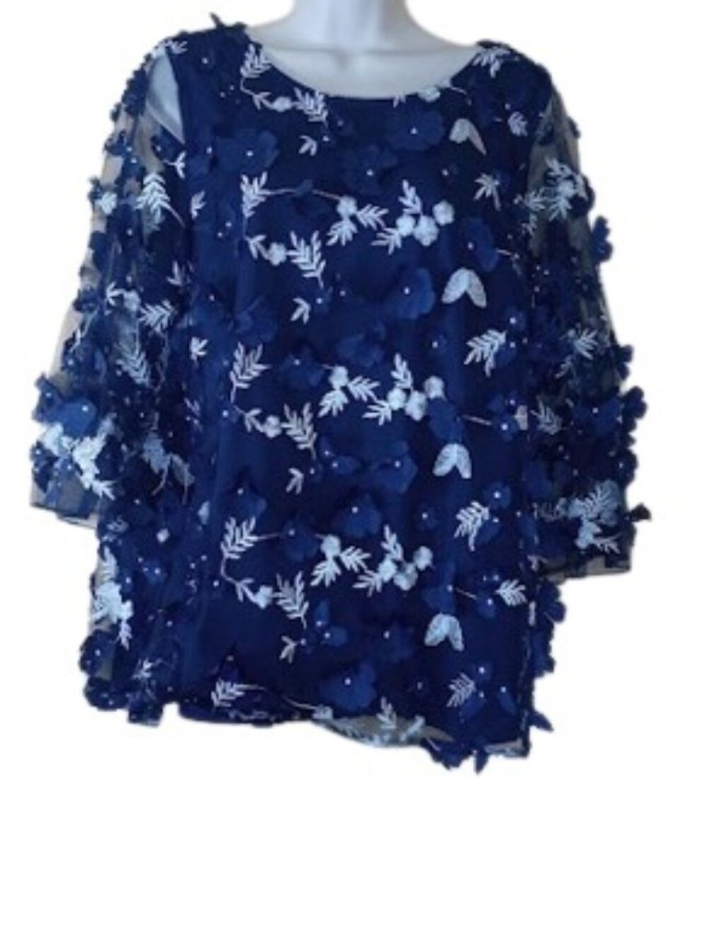 Evening By ECI New York Womens Blouse Navy Embroidered Floral Applique Sheer L